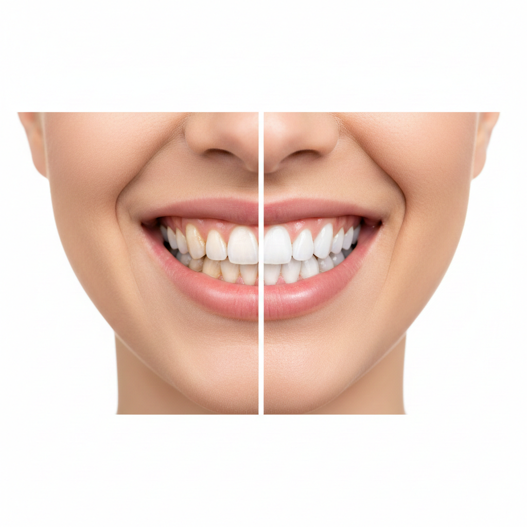 Before and after comparison showing how whitening strips improve yellow teeth