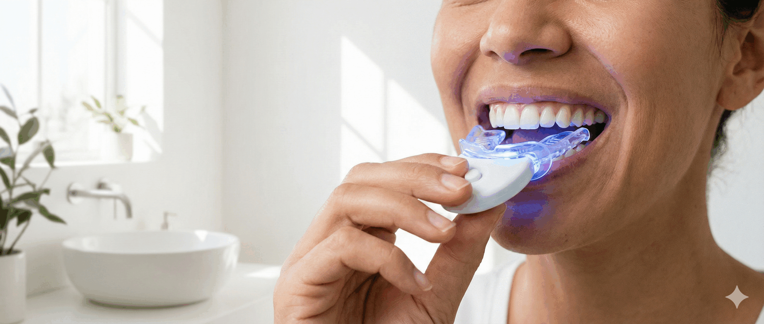 Person smiling with a teeth whitening tray and subtle blue LED light, clean clinical look